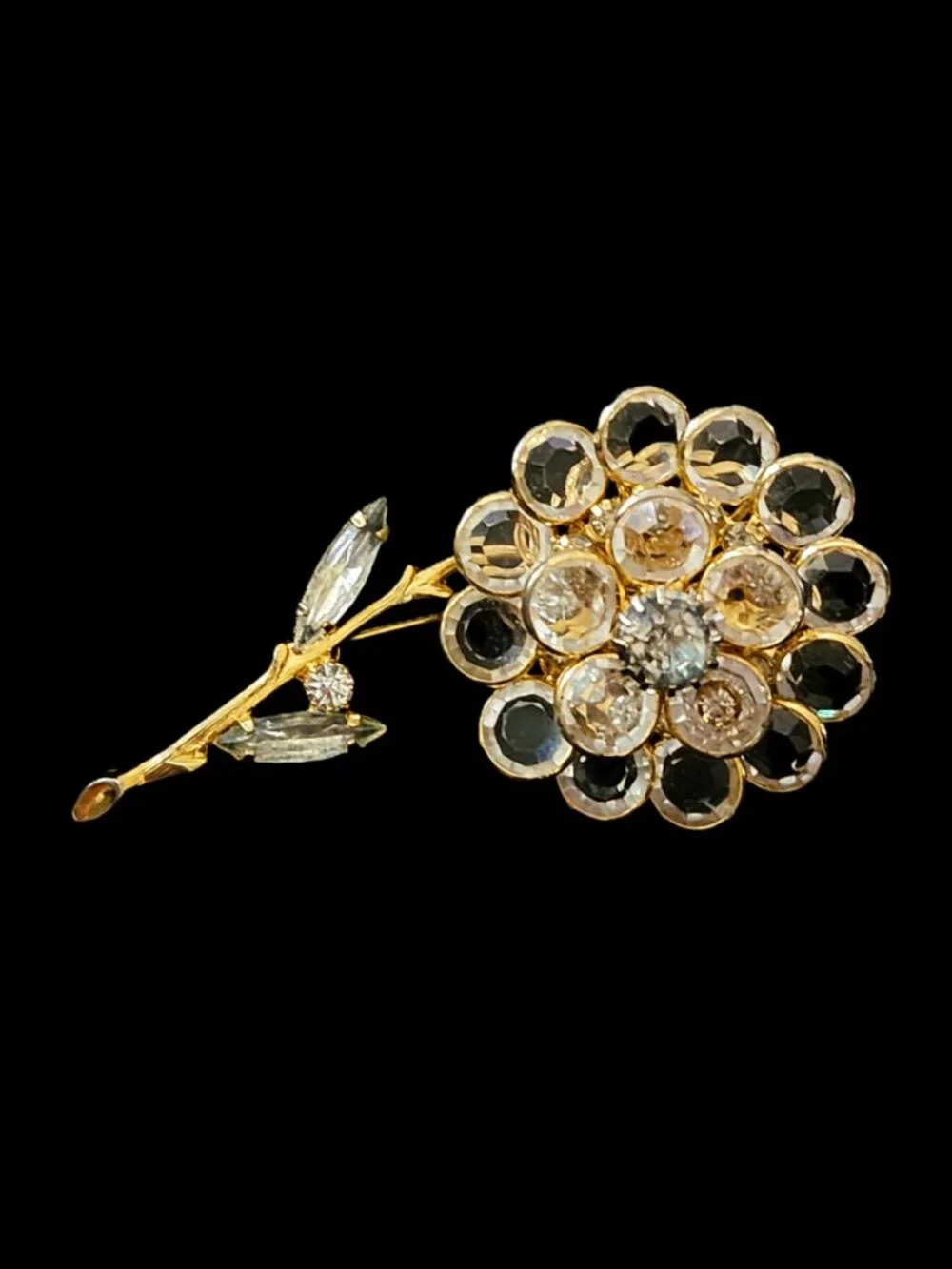 Vtg 60s Layered Crystal Flower Brooch 3 Inch Gold Tone Hand Prong Set Pin Brooch